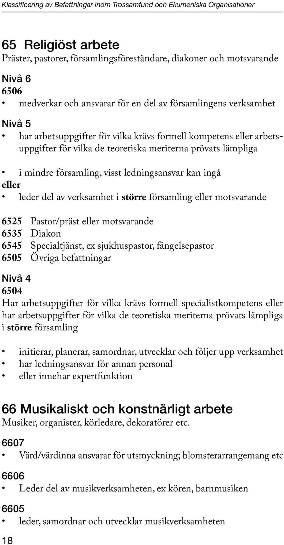 församling, visst ledningsansvar kan ingå eller leder del av verksamhet i större församling eller motsvarande 6525 Pastor/präst eller motsvarande 6535 Diakon 6545 Specialtjänst, ex sjukhuspastor,