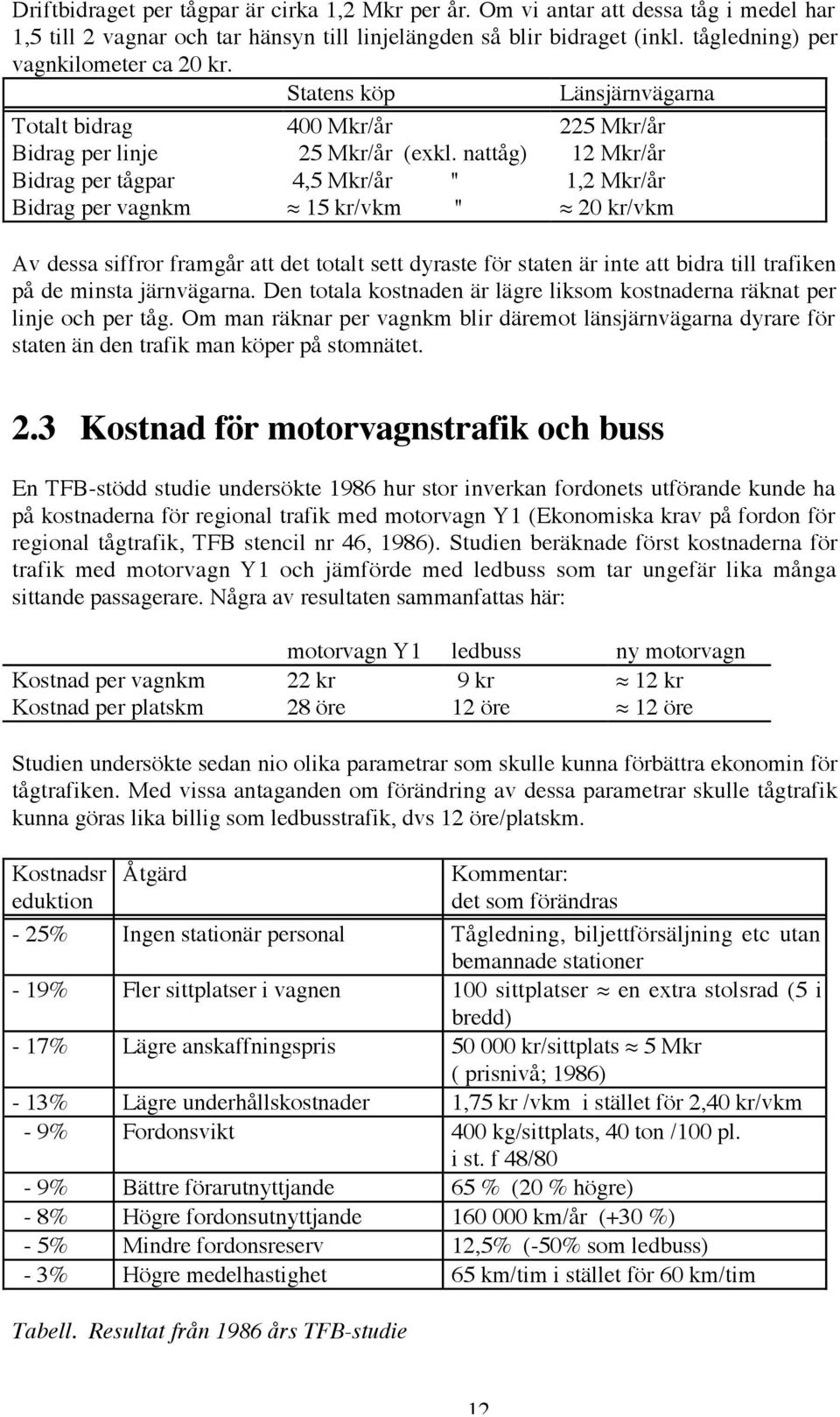 nattåg) 12 Mkr/år Bidrag per tågpar 4,5 Mkr/år " 1,2 Mkr/år Bidrag per vagnkm 15 kr/vkm " 20 kr/vkm Av dessa siffror framgår att det totalt sett dyraste för staten är inte att bidra till trafiken på