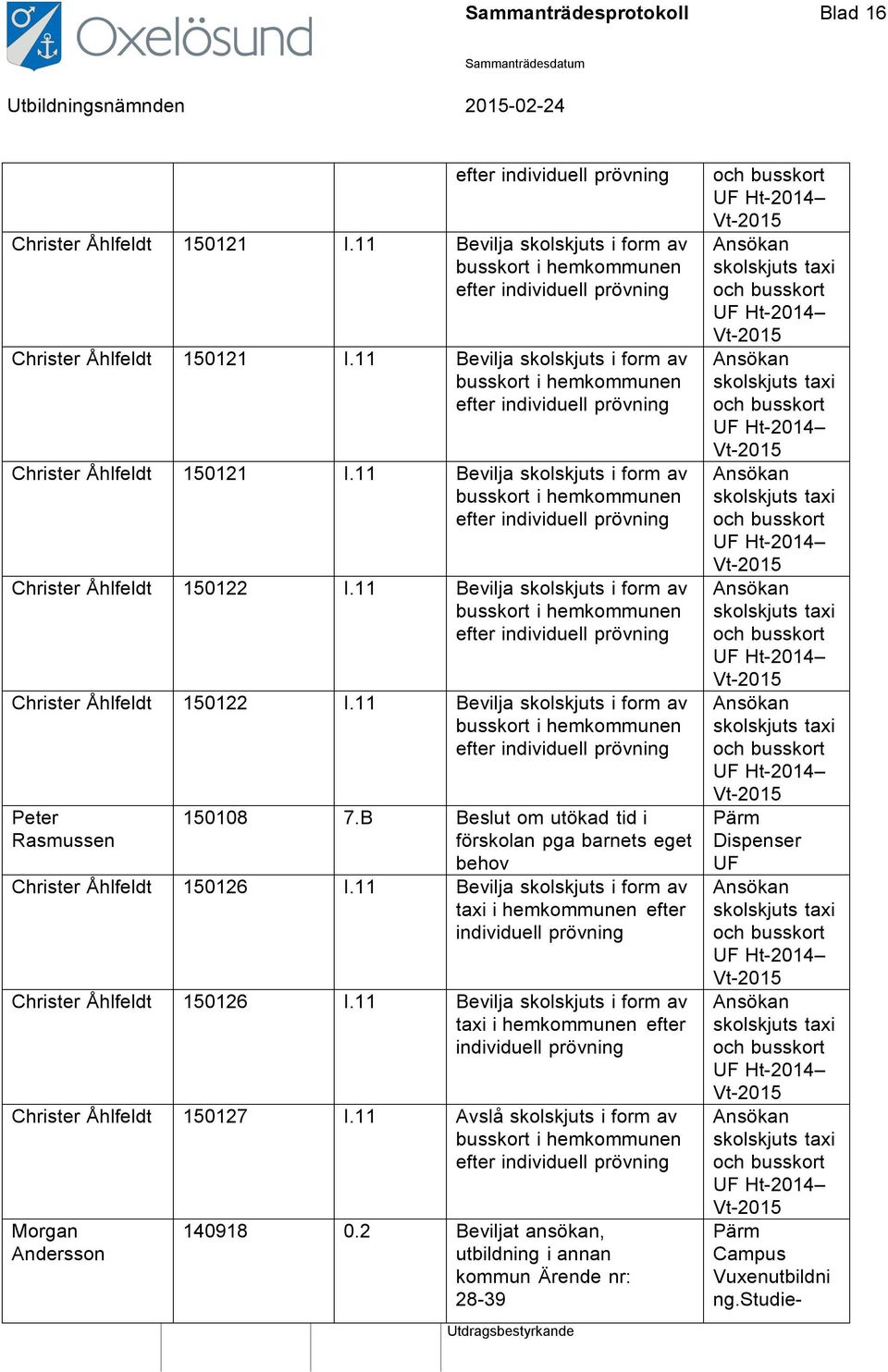 11 Bevilja skolskjuts i form av taxi i hemkommunen efter individuell prövning Christer Åhlfeldt 150126 I.