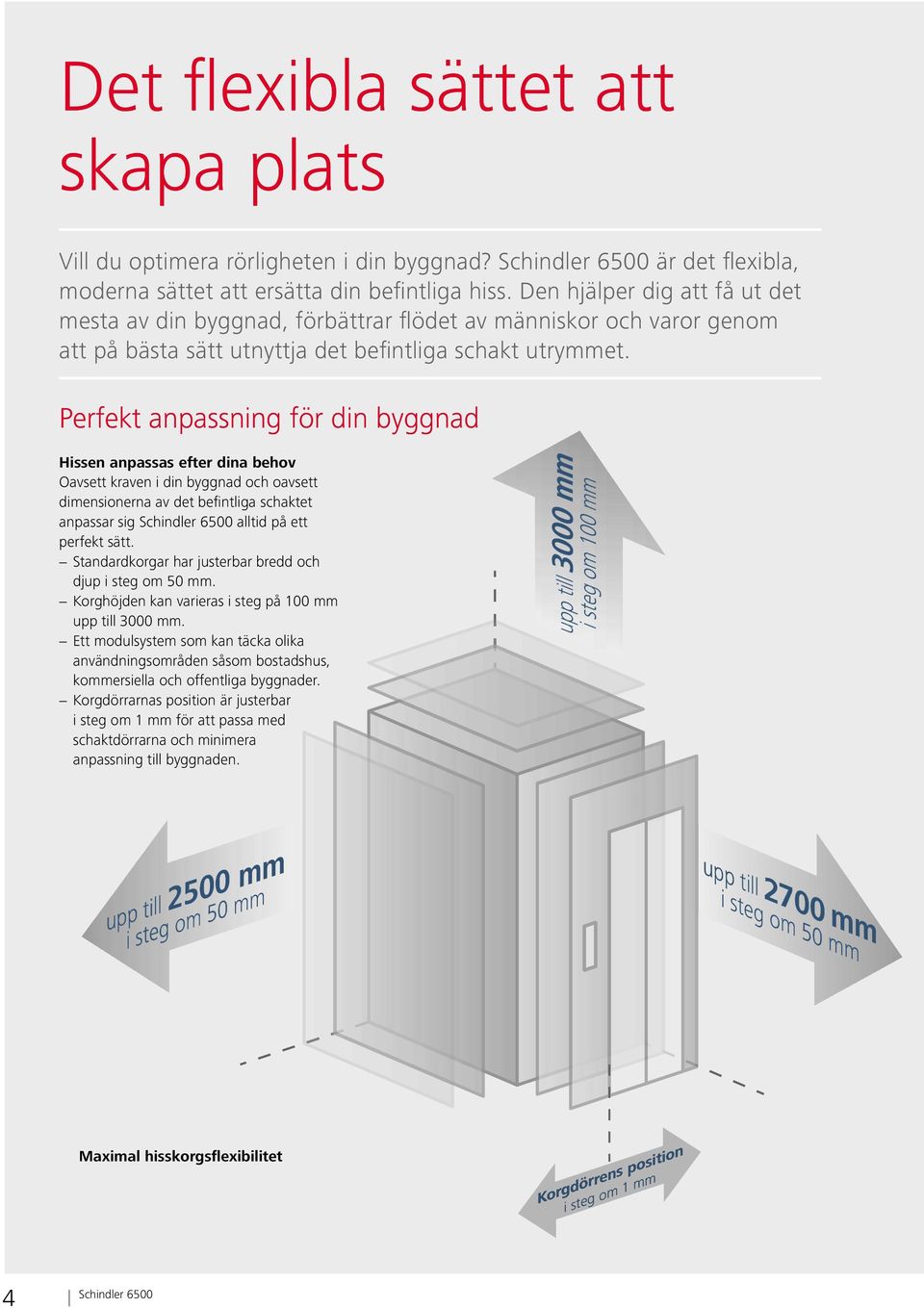 Perfekt anpassning för din byggnad Hissen anpassas efter dina behov Oavsett kraven i din byggnad och oavsett dimensionerna av det befintliga schaktet anpassar sig alltid på ett perfekt sätt.