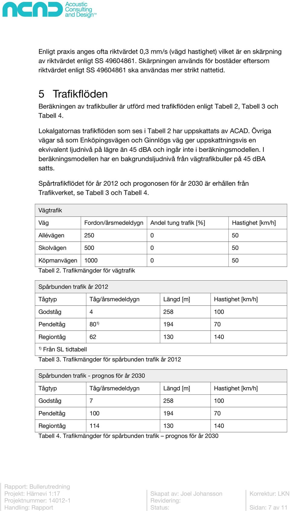 5 Trafikflöden Beräkningen av trafikbuller är utförd med trafikflöden enligt Tabell 2, Tabell 3 och Tabell 4. Lokalgatornas trafikflöden som ses i Tabell 2 har uppskattats av ACAD.