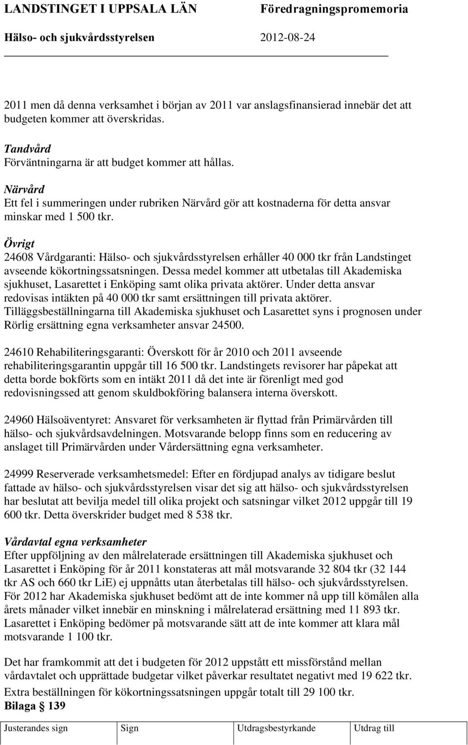 Övrigt 24608 Vårdgaranti: Hälso- och sjukvårdsstyrelsen erhåller 40 000 tkr från Landstinget avseende kökortningssatsningen.