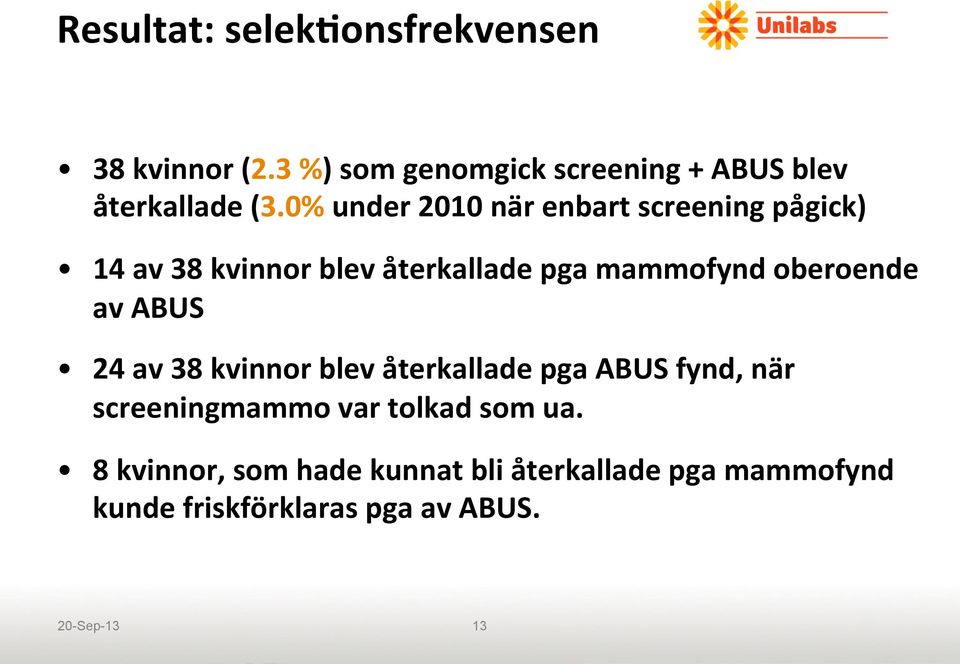 oberoende av ABUS 24 av 38 kvinnor blev återkallade pga ABUS fynd, när screeningmammo var tolkad