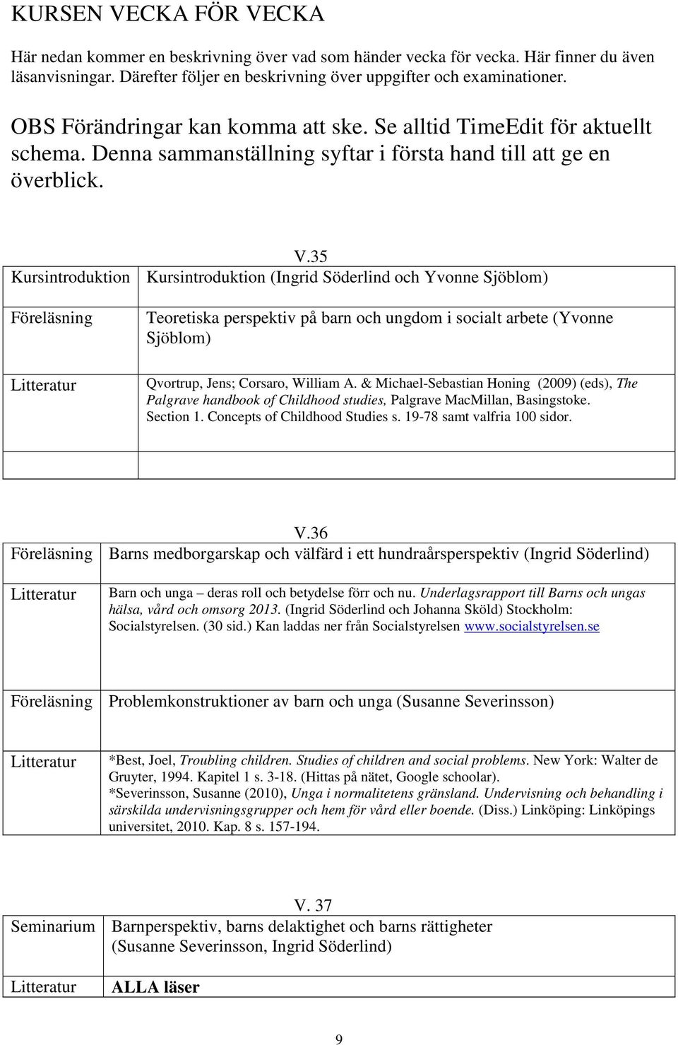 35 Kursintroduktion Kursintroduktion (Ingrid Söderlind och Yvonne Sjöblom) Föreläsning Teoretiska perspektiv på barn och ungdom i socialt arbete (Yvonne Sjöblom) Qvortrup, Jens; Corsaro, William A.