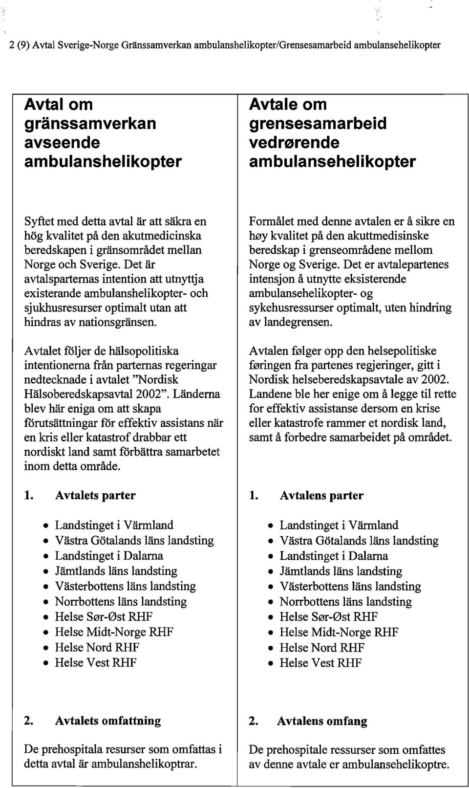 Det är avtalsparternas intention att utnyttja existerande ambulanshelikopter- och sjukhusresurser optimalt utan att hindras av nationsgränsen.