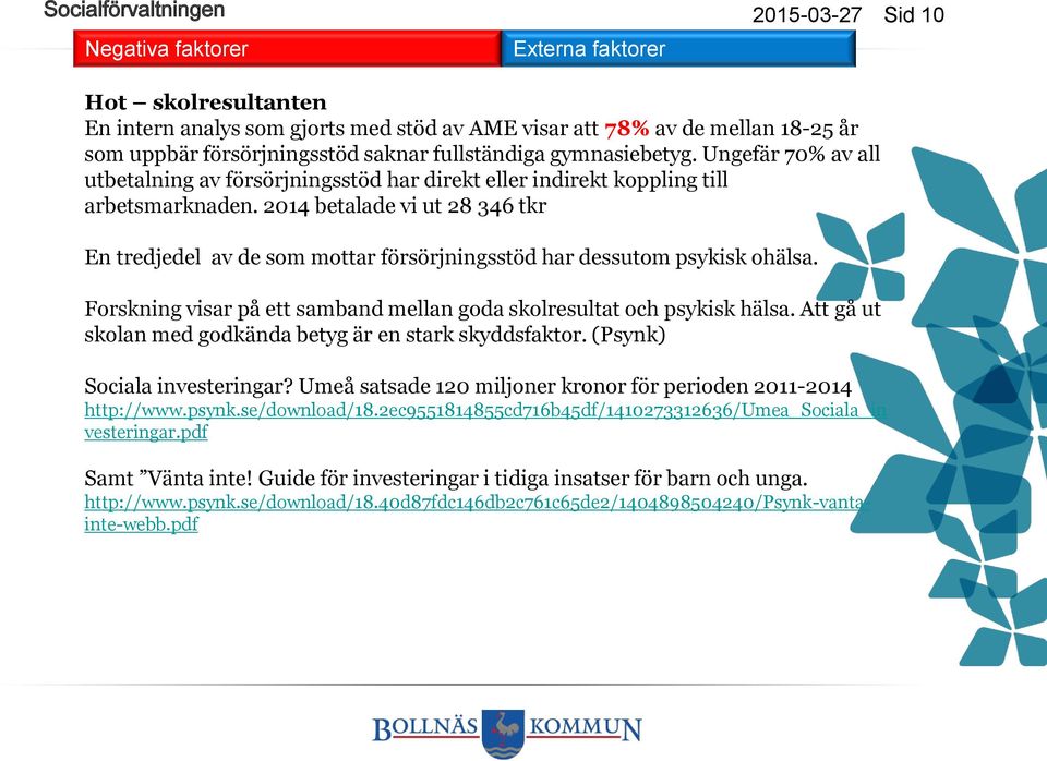 2014 betalade vi ut 28 346 tkr En tredjedel av de som mottar försörjningsstöd har dessutom psykisk ohälsa. Forskning visar på ett samband mellan goda skolresultat och psykisk hälsa.