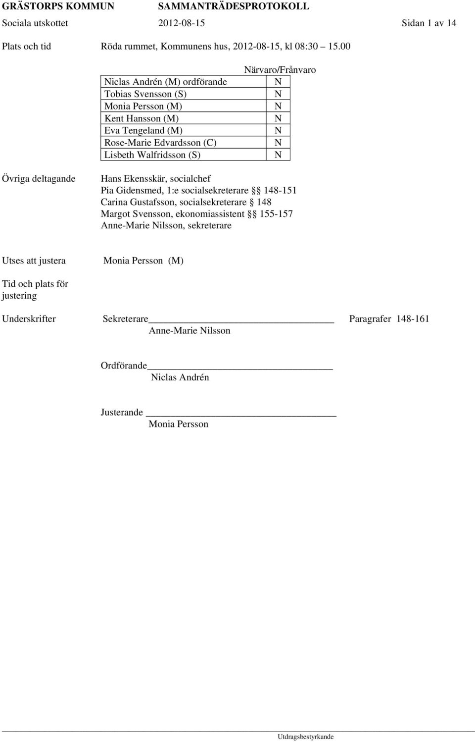 Närvaro/Frånvaro N N N N N N N Övriga deltagande Hans Ekensskär, socialchef Pia Gidensmed, 1:e socialsekreterare 148-151 Carina Gustafsson, socialsekreterare 148 Margot