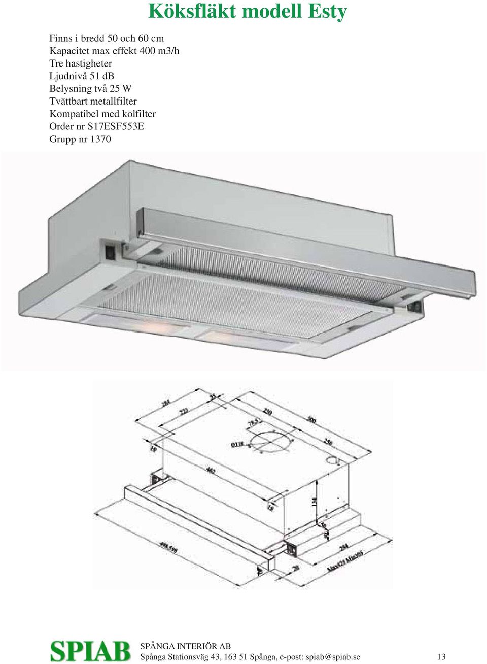 S17ESF553E Grupp nr 1370 Köksfläkt modell Esty