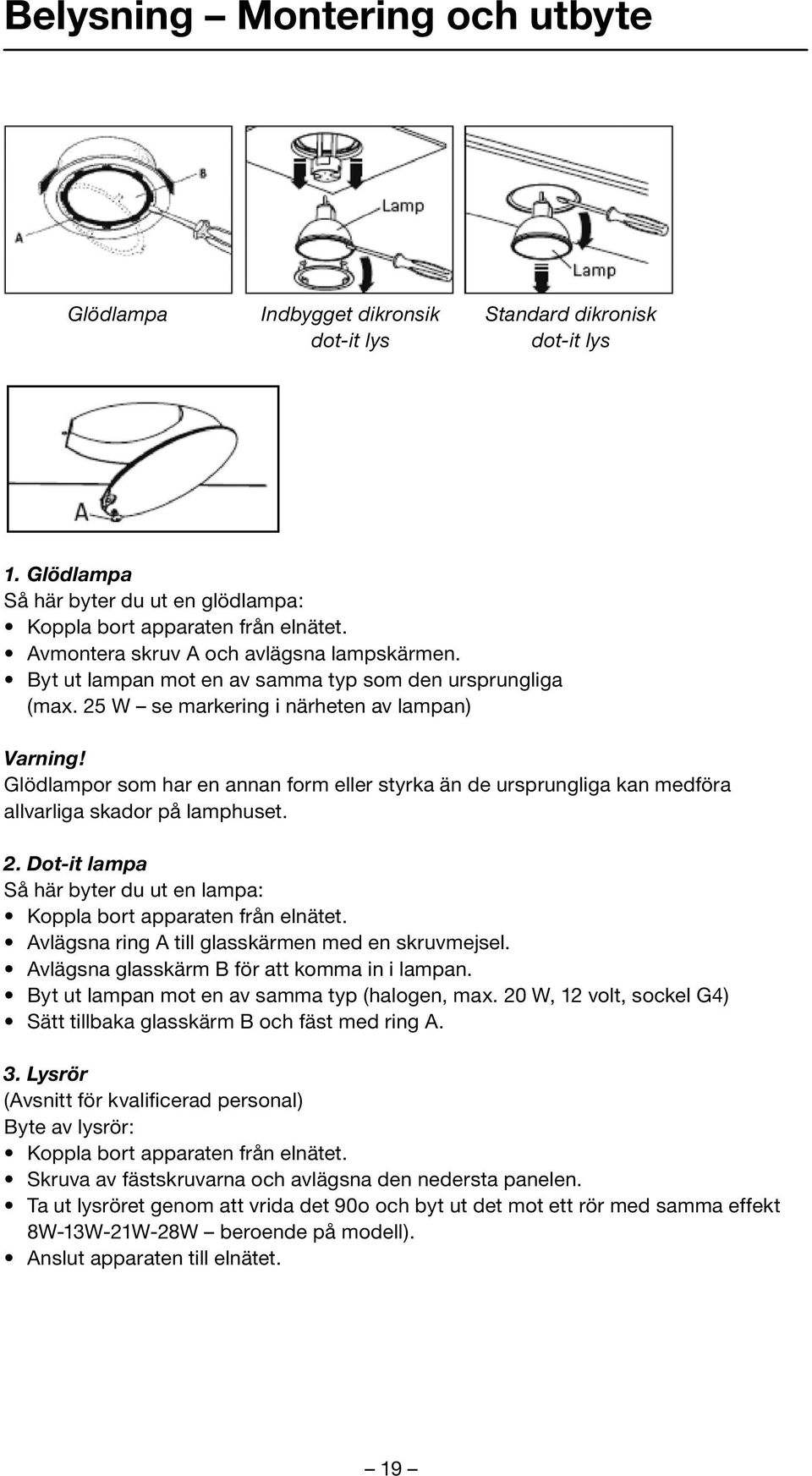 Glödlampor som har en annan form eller styrka än de ursprungliga kan medföra allvarliga skador på lamphuset. 2. Dot-it lampa Så här byter du ut en lampa: Koppla bort apparaten från elnätet.