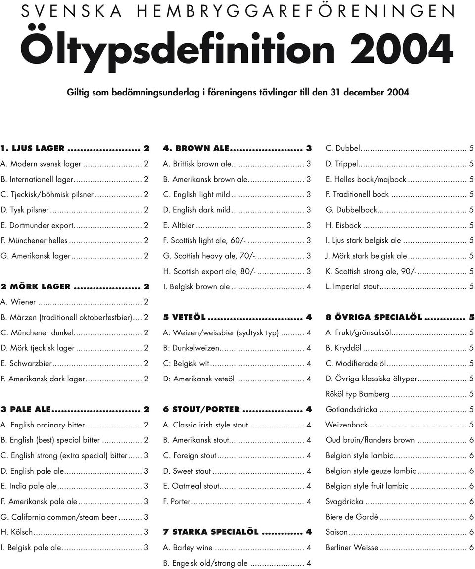 .. 2 C. Münchener dunkel... 2 D. Mörk tjeckisk lager... 2 E. Schwarzbier... 2 F. Amerikansk dark lager... 2 3 PALE ALE... 2 A. English ordinary bitter... 2 B. English (best) special bitter... 2 C. English strong (extra special) bitter.