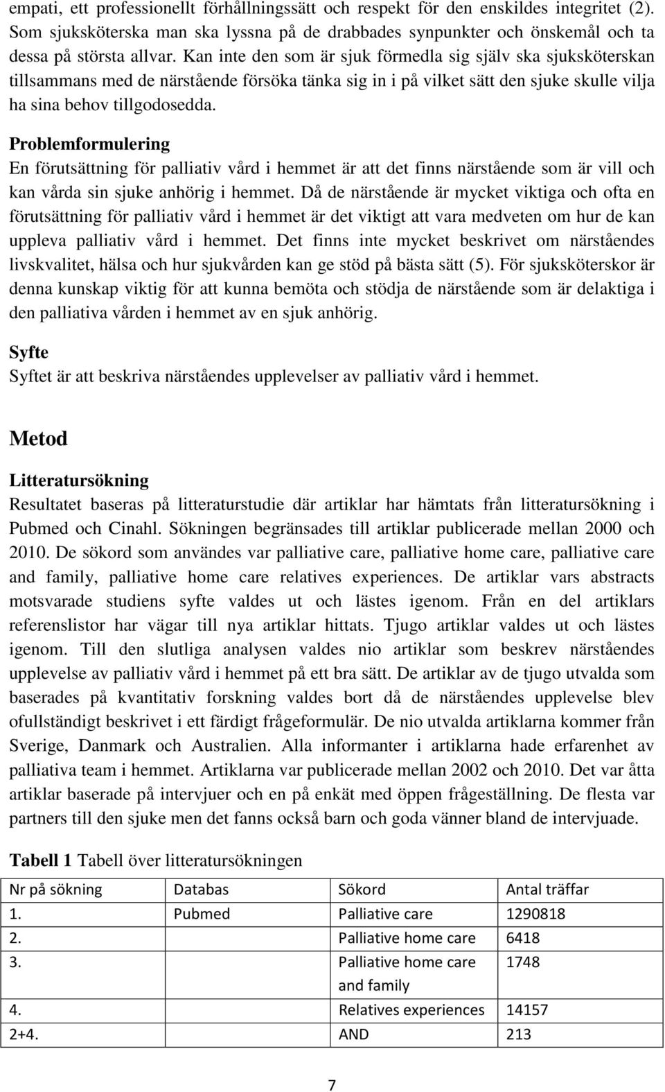 Problemformulering En förutsättning för palliativ vård i hemmet är att det finns närstående som är vill och kan vårda sin sjuke anhörig i hemmet.