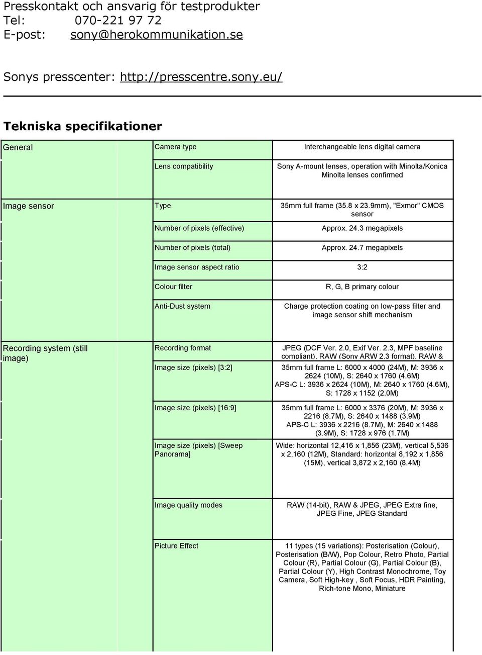 eu/ Tekniska specifikationer General Camera type Interchangeable lens digital camera Lens compatibility Sony A-mount lenses, operation with Minolta/Konica Minolta lenses confirmed Image sensor Type