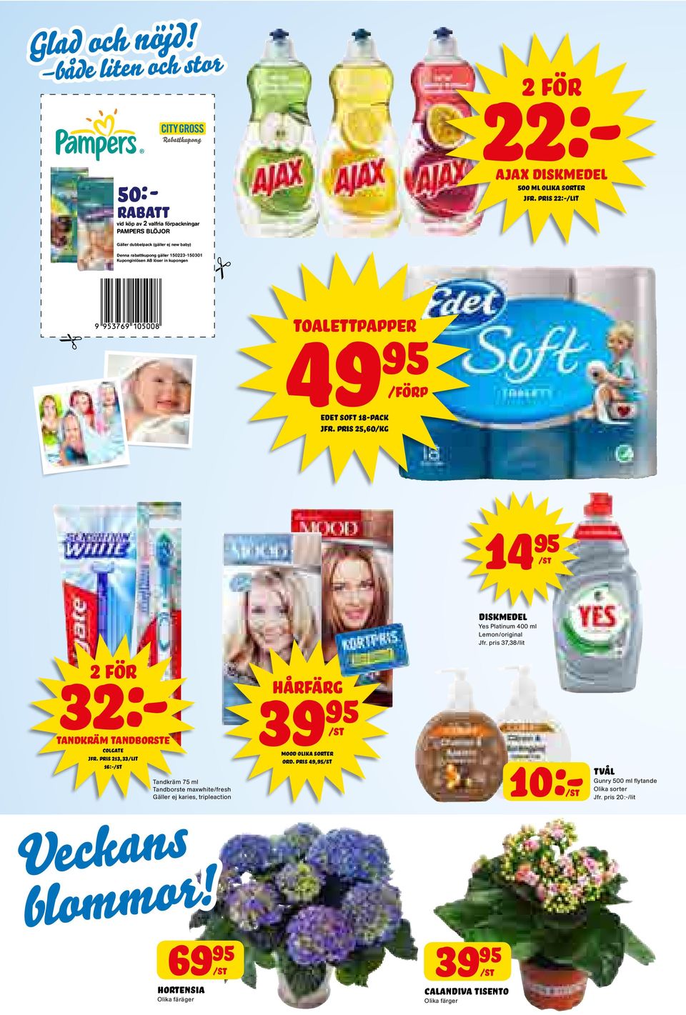 pris 25,60 14 diskmedel Yes Platinum 400 ml Lemon/original Jfr. pris 37,38/lit 32:- tandkräm tandborste colgate jfr.