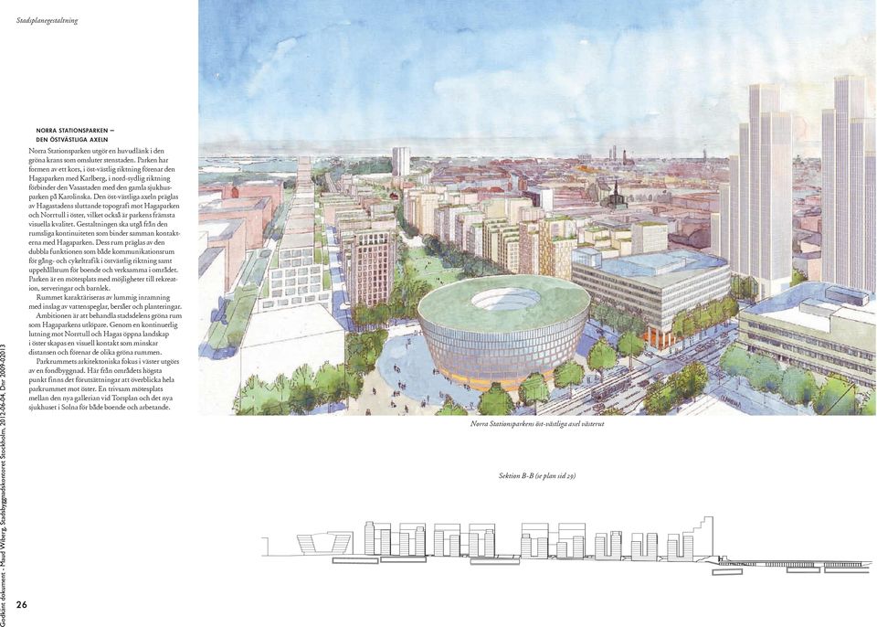 Den öst-västliga axeln präglas av Hagastadens sluttande topografi mot Hagaparken och Norrtull i öster, vilket också är parkens främsta visuella kvalitet.