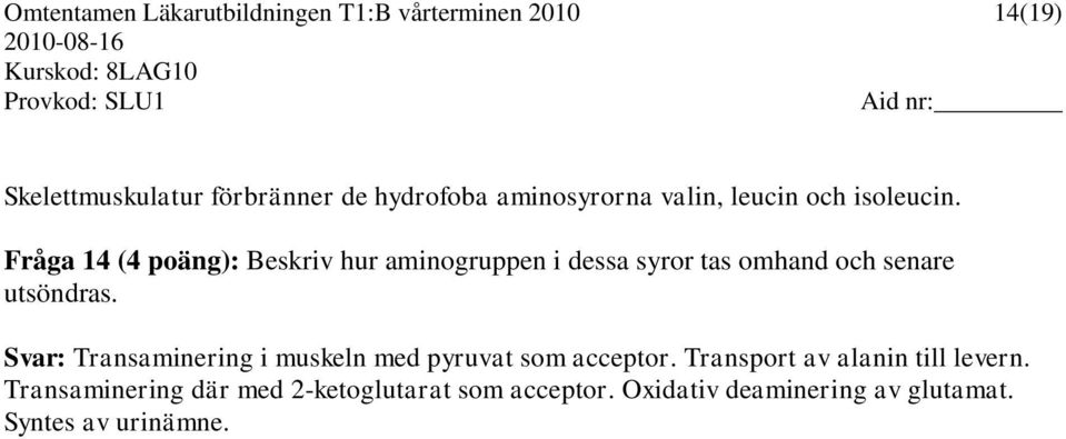 Fråga 14 (4 poäng): Beskriv hur aminogruppen i dessa syror tas omhand och senare utsöndras.