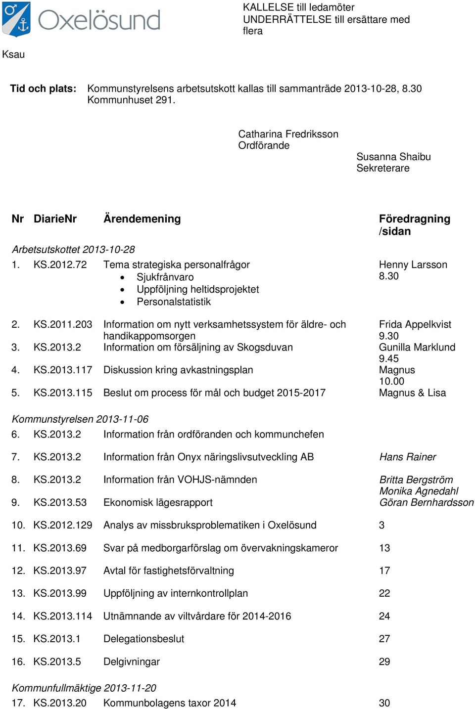 72 Tema strategiska personalfrågor Sjukfrånvaro Uppföljning heltidsprojektet Personalstatistik Henny Larsson 8.30 2. KS.2011.