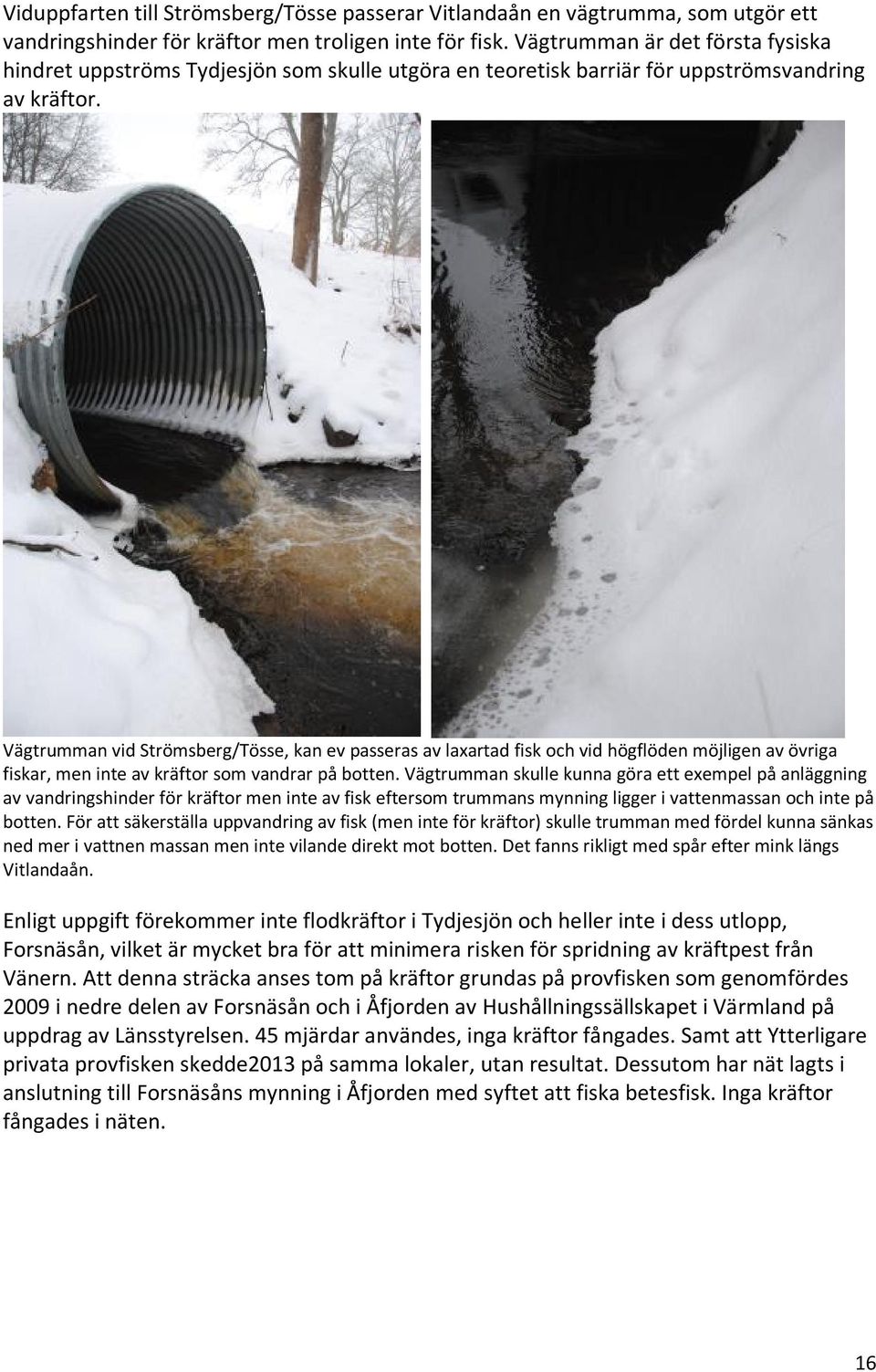 Vägtrumman vid Strömsberg/Tösse, kan ev passeras av laxartad fisk och vid högflöden möjligen av övriga fiskar, men inte av kräftor som vandrar på botten.