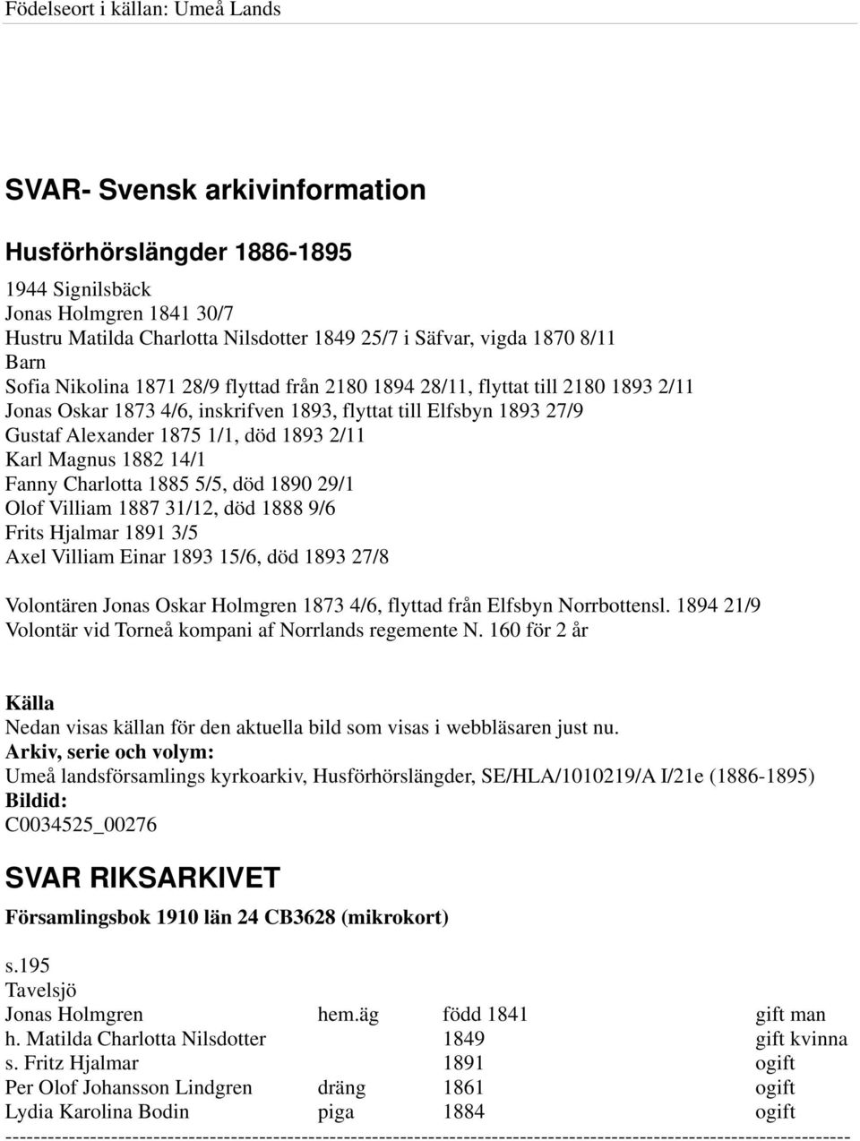 2/11 Karl Magnus 1882 14/1 Fanny Charlotta 1885 5/5, död 1890 29/1 Olof Villiam 1887 31/12, död 1888 9/6 Frits Hjalmar 1891 3/5 Axel Villiam Einar 1893 15/6, död 1893 27/8 Volontären Jonas Oskar