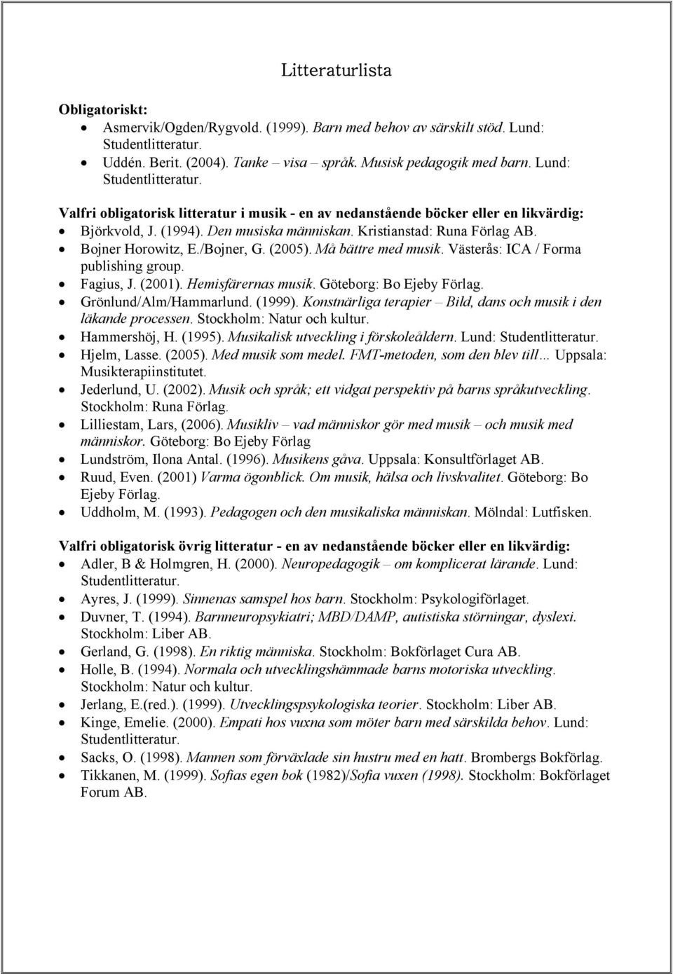 (2005). Må bättre med musik. Västerås: ICA / Forma publishing group. Fagius, J. (2001). Hemisfärernas musik. Göteborg: Bo Ejeby Förlag. Grönlund/Alm/Hammarlund. (1999).