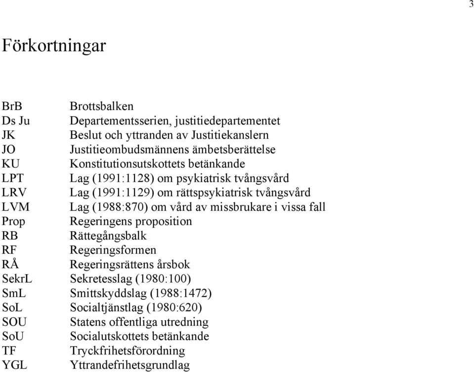 (1988:870) om vœrd av missbrukare i vissa fall Prop Regeringens proposition RB RŠttegŒngsbalk RF Regeringsformen R RegeringsrŠttens Œrsbok SekrL Sekretesslag