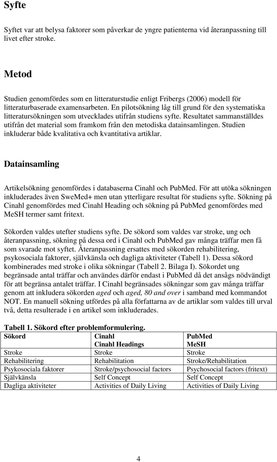 En pilotsökning låg till grund för den systematiska litteratursökningen som utvecklades utifrån studiens syfte.