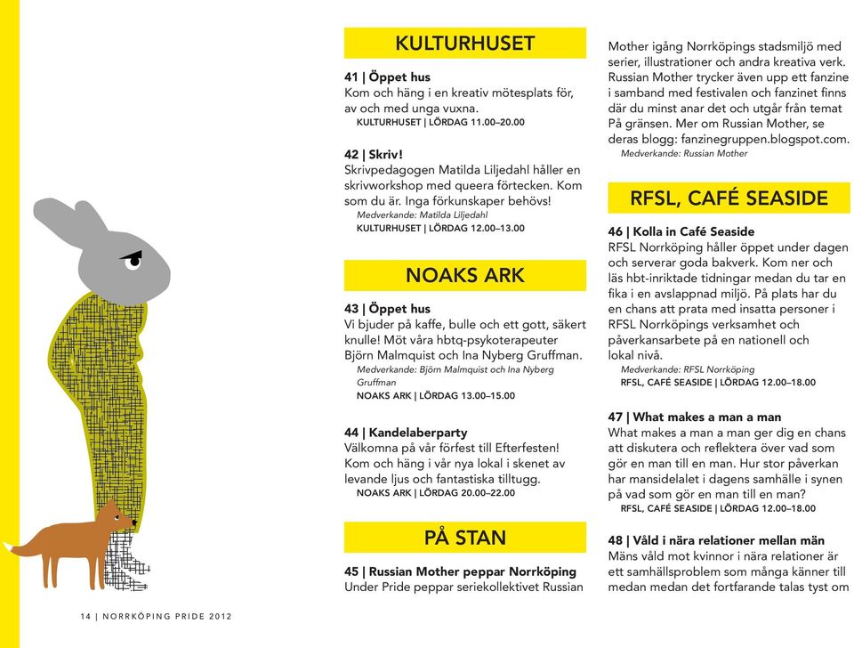 00 NOAKS ARK 43 Öppet hus Vi bjuder på kaffe, bulle och ett gott, säkert knulle! Möt våra hbtq-psykoterapeuter Björn Malmquist och Ina Nyberg Gruffman.