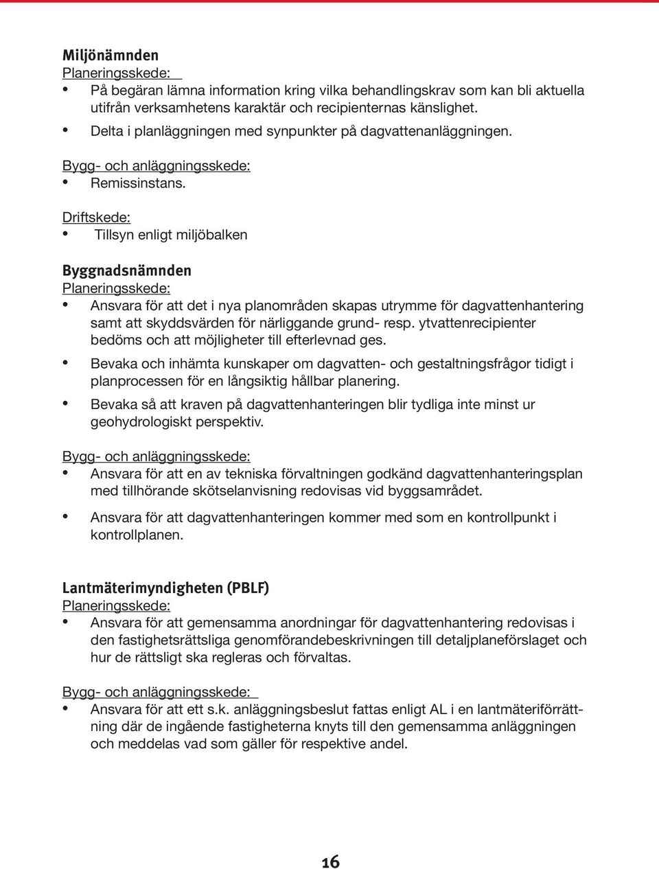 Driftskede: Tillsyn enligt miljöbalken Byggnadsnämnden Planeringsskede: Ansvara för att det i nya planområden skapas utrymme för dagvattenhantering samt att skyddsvärden för närliggande grund- resp.