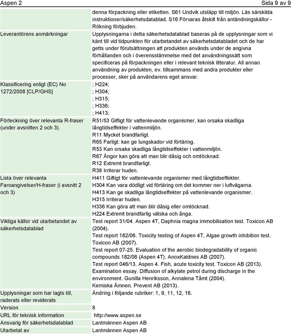 teknisk information http://www.aspen.se Ansvarig för säkerhetsdatablad Lantmännen Aspen AB Utarbetat av Lantmännen Aspen AB denna förpackning eller etiketten. S61 Undvik utsläpp till miljön.