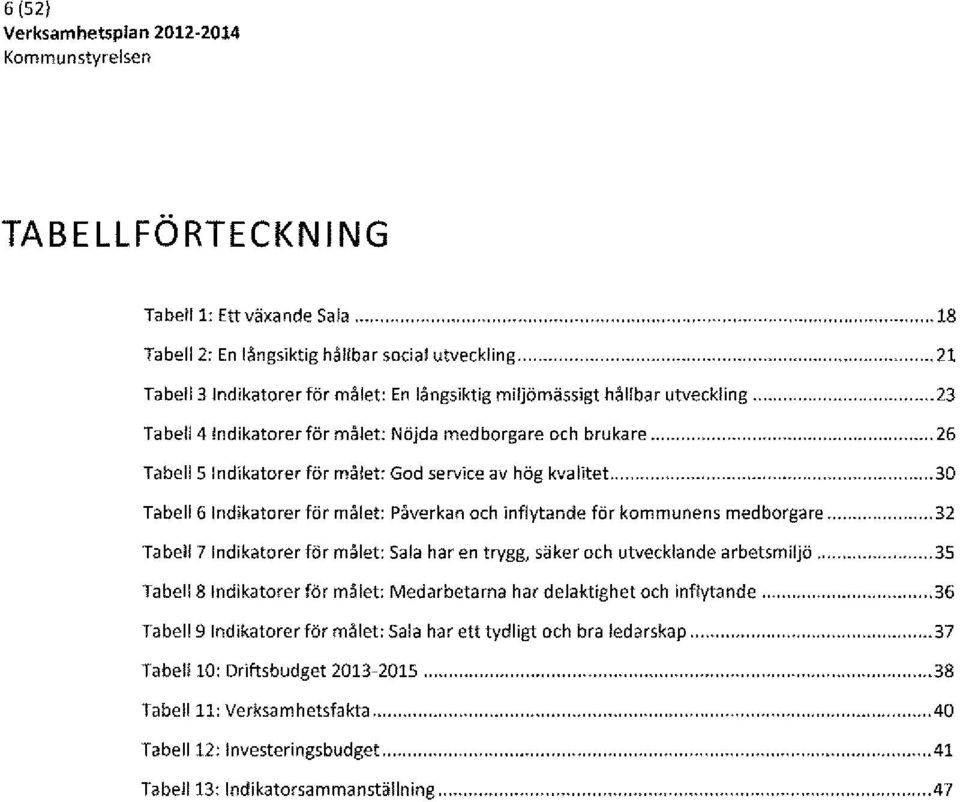 .. 26 TabellS Indikatorer för målet: God service av hög kvalitet..... 30 Tabell 6 Indikatorer för målet: Påverkan och inflytande för kommunens medborgare.