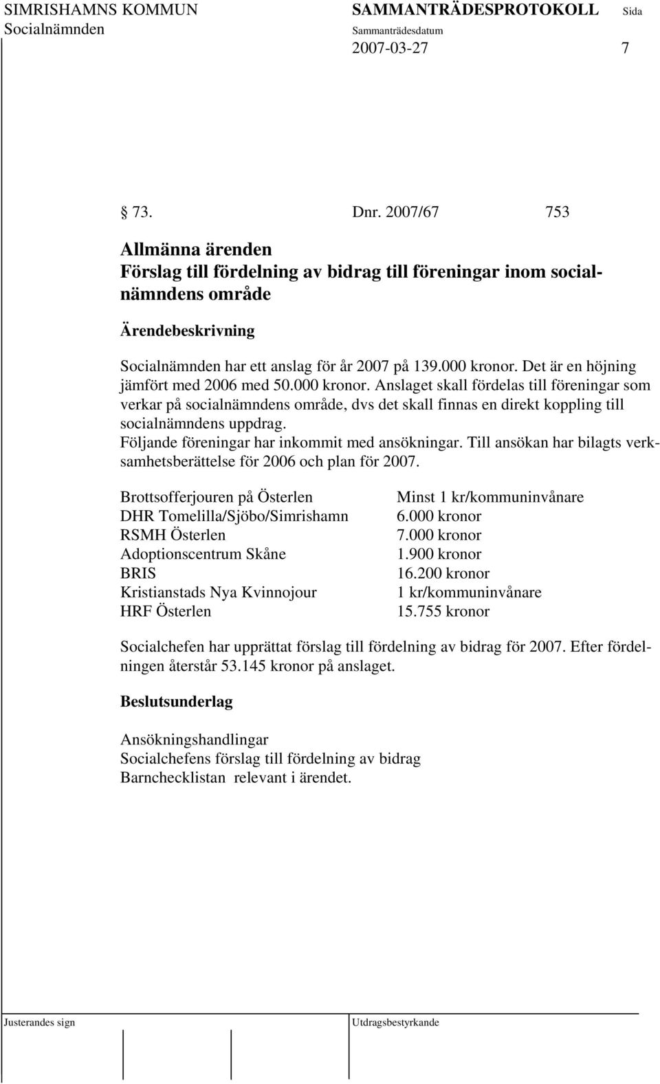 Följande föreningar har inkommit med ansökningar. Till ansökan har bilagts verksamhetsberättelse för 2006 och plan för 2007.