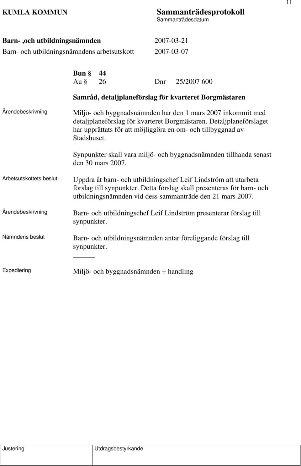 Synpunkter skall vara miljö- och byggnadsnämnden tillhanda senast den 30 mars 2007.