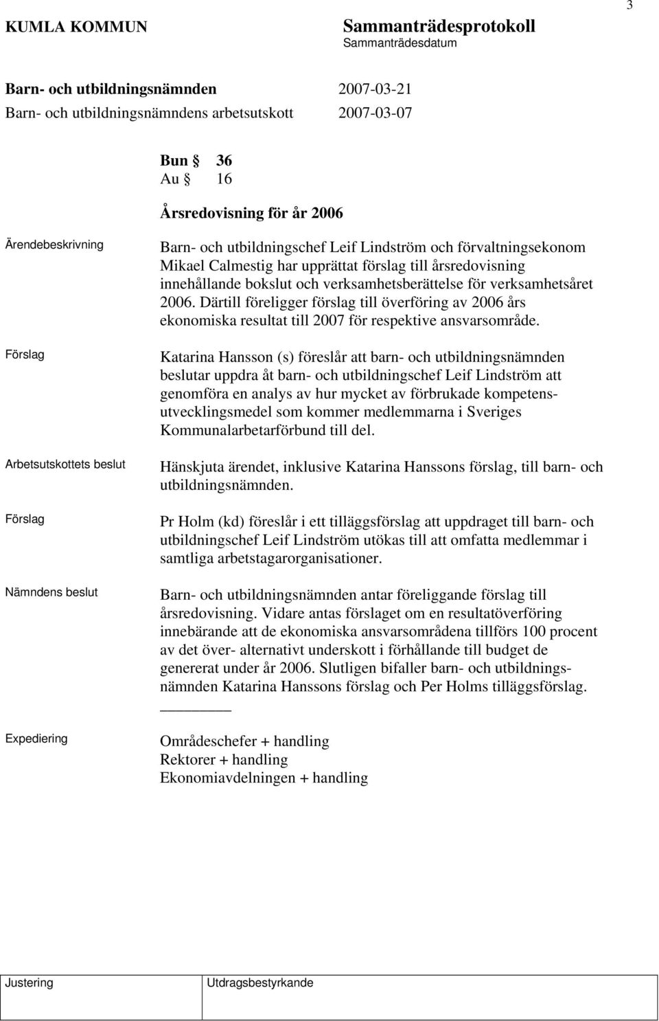 Därtill föreligger förslag till överföring av 2006 års ekonomiska resultat till 2007 för respektive ansvarsområde.