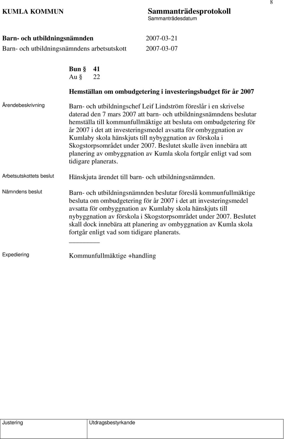 hänskjuts till nybyggnation av förskola i Skogstorpsområdet under 2007. Beslutet skulle även innebära att planering av ombyggnation av Kumla skola fortgår enligt vad som tidigare planerats.