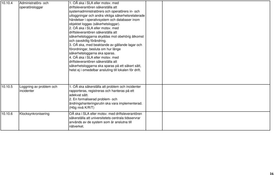 (säkerhetsloggar). 2. OÄ ska i SLA eller motsv. med driftsleverantören säkerställa att säkerhetsloggarna skyddas mot obehörig åtkomst och oavsiktlig förändring. 3.