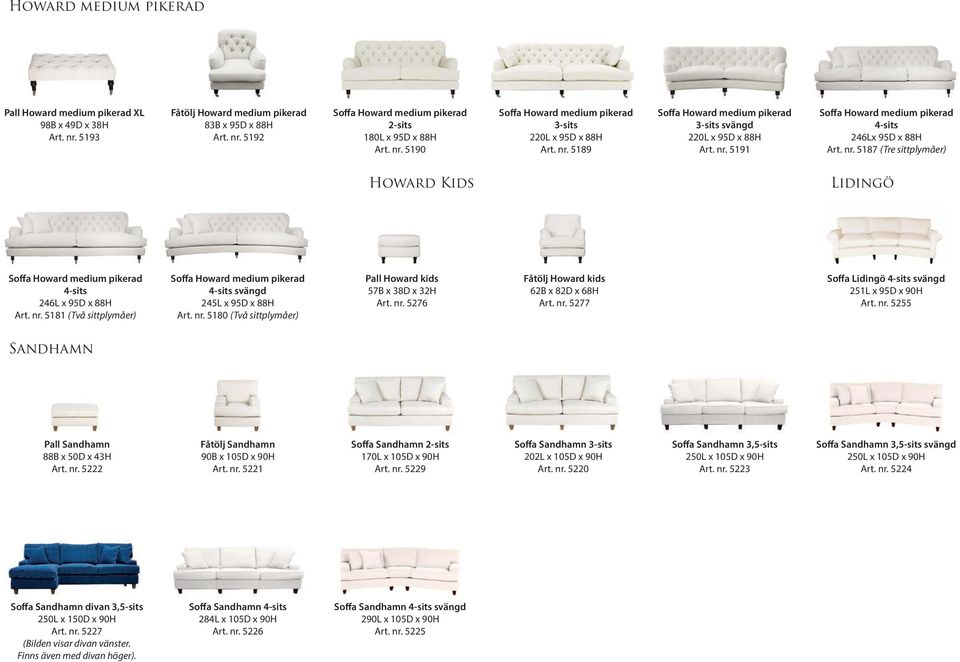 nr. 5181 (Två sittplymåer) Soffa Howard medium pikerad 4-sits svängd 245L x 95D x 88H Art. nr. 5180 (Två sittplymåer) Pall Howard kids 57B x 38D x 32H Art. nr. 5276 Fåtölj Howard kids 62B x 82D x 68H Art.