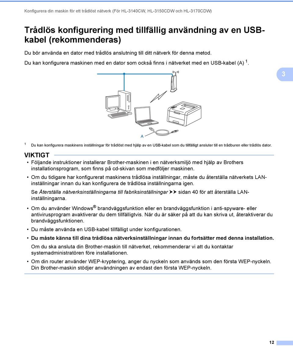 3 A 1 Du kan konfigurera maskinens inställningar för trådlöst med hjälp av en USB-kabel som du tillfälligt ansluter till en trådburen eller trådlös dator.