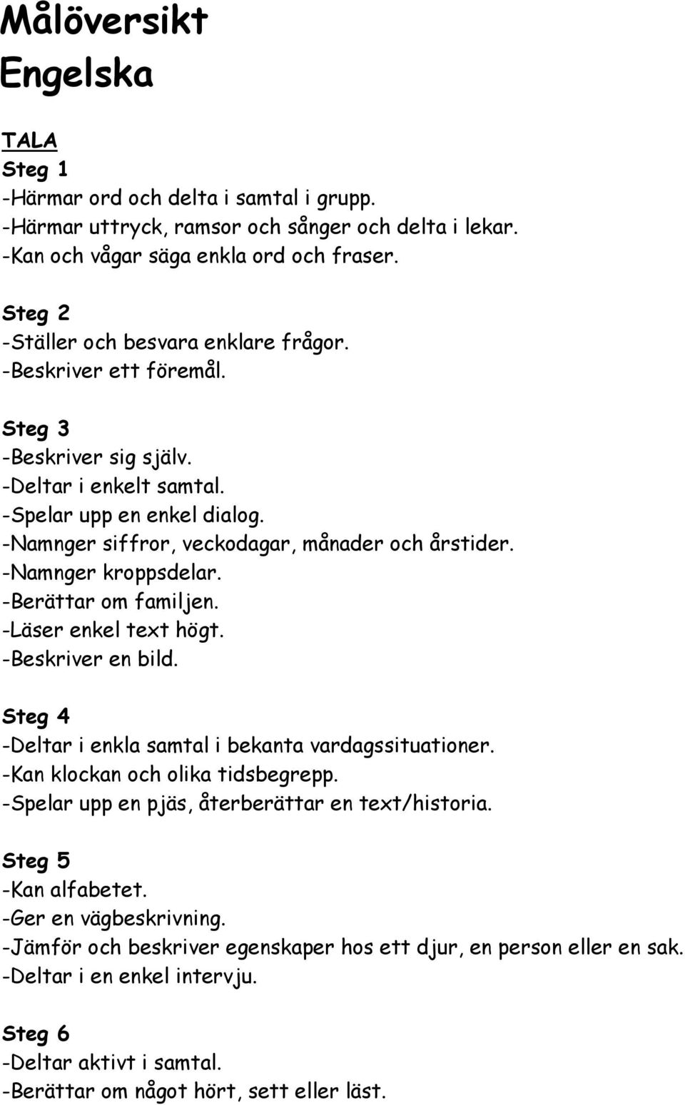 -Läser enkel text högt. -Beskriver en bild. -Deltar i enkla samtal i bekanta vardagssituationer. -Kan klockan och olika tidsbegrepp. -Spelar upp en pjäs, återberättar en text/historia.