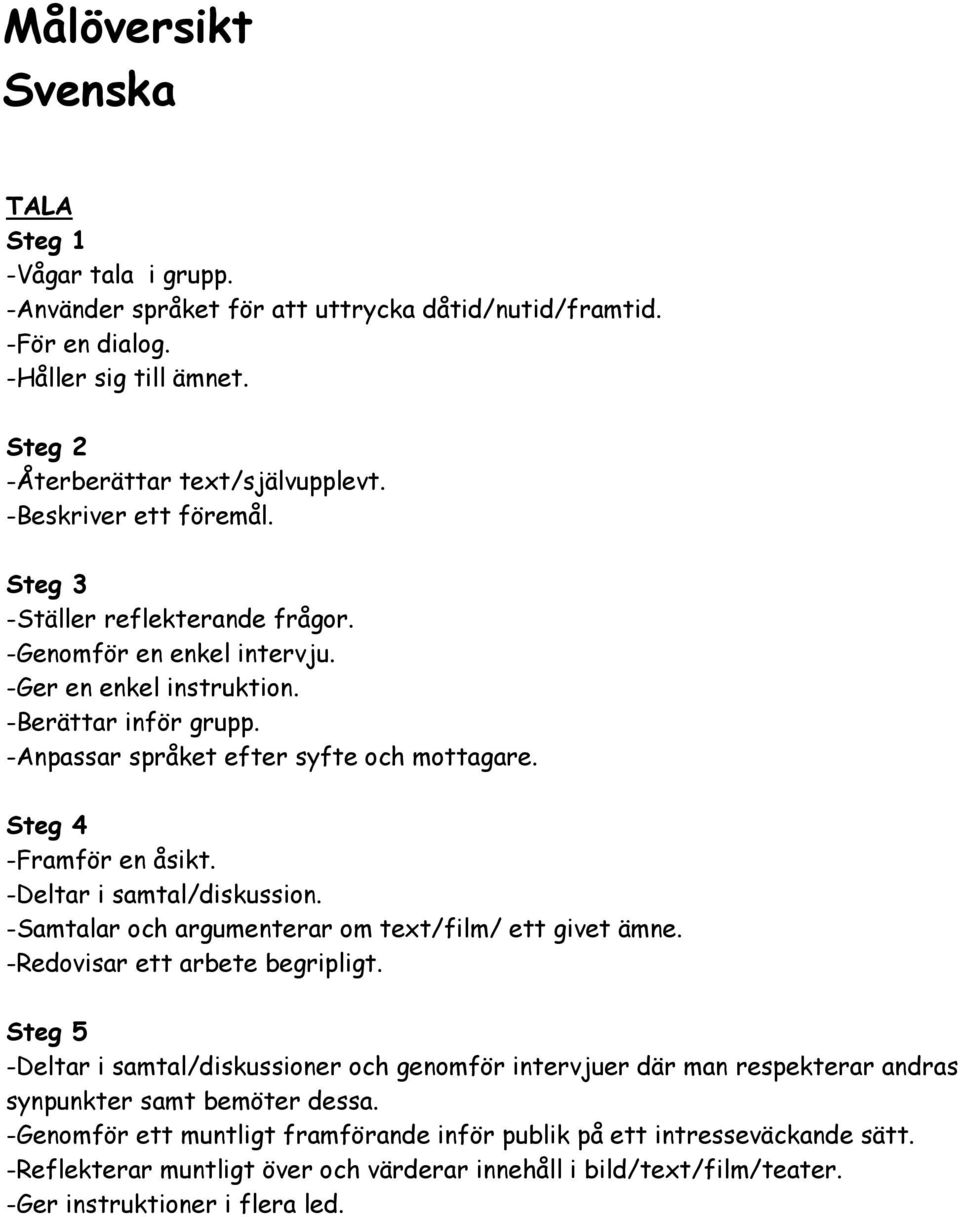 -Deltar i samtal/diskussion. -Samtalar och argumenterar om text/film/ ett givet ämne. -Redovisar ett arbete begripligt.