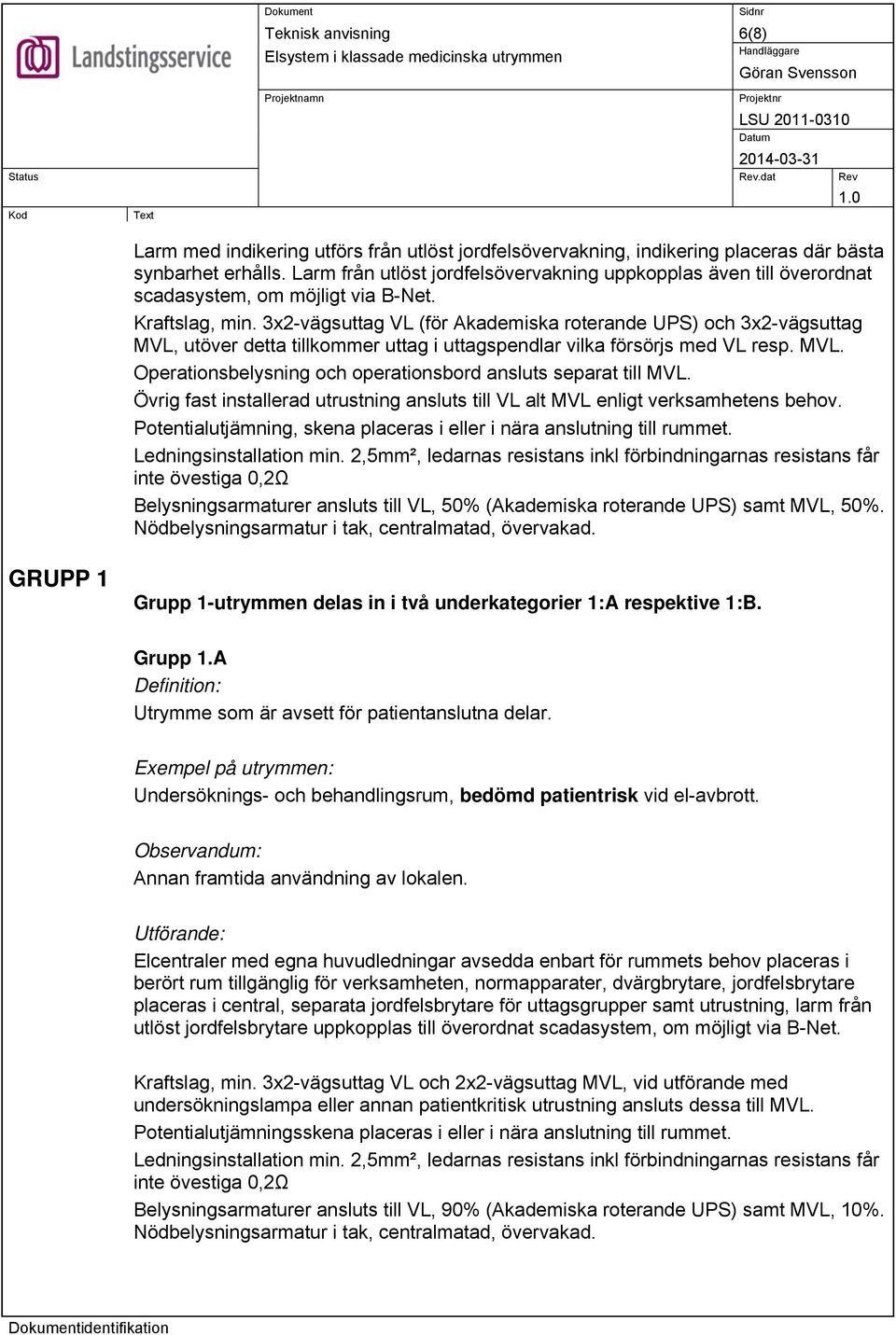 3x2-vägsuttag VL (för Akademiska roterande UPS) och 3x2-vägsuttag MVL, utöver detta tillkommer uttag i uttagspendlar vilka försörjs med VL resp. MVL. Operationsbelysning och operationsbord ansluts separat till MVL.