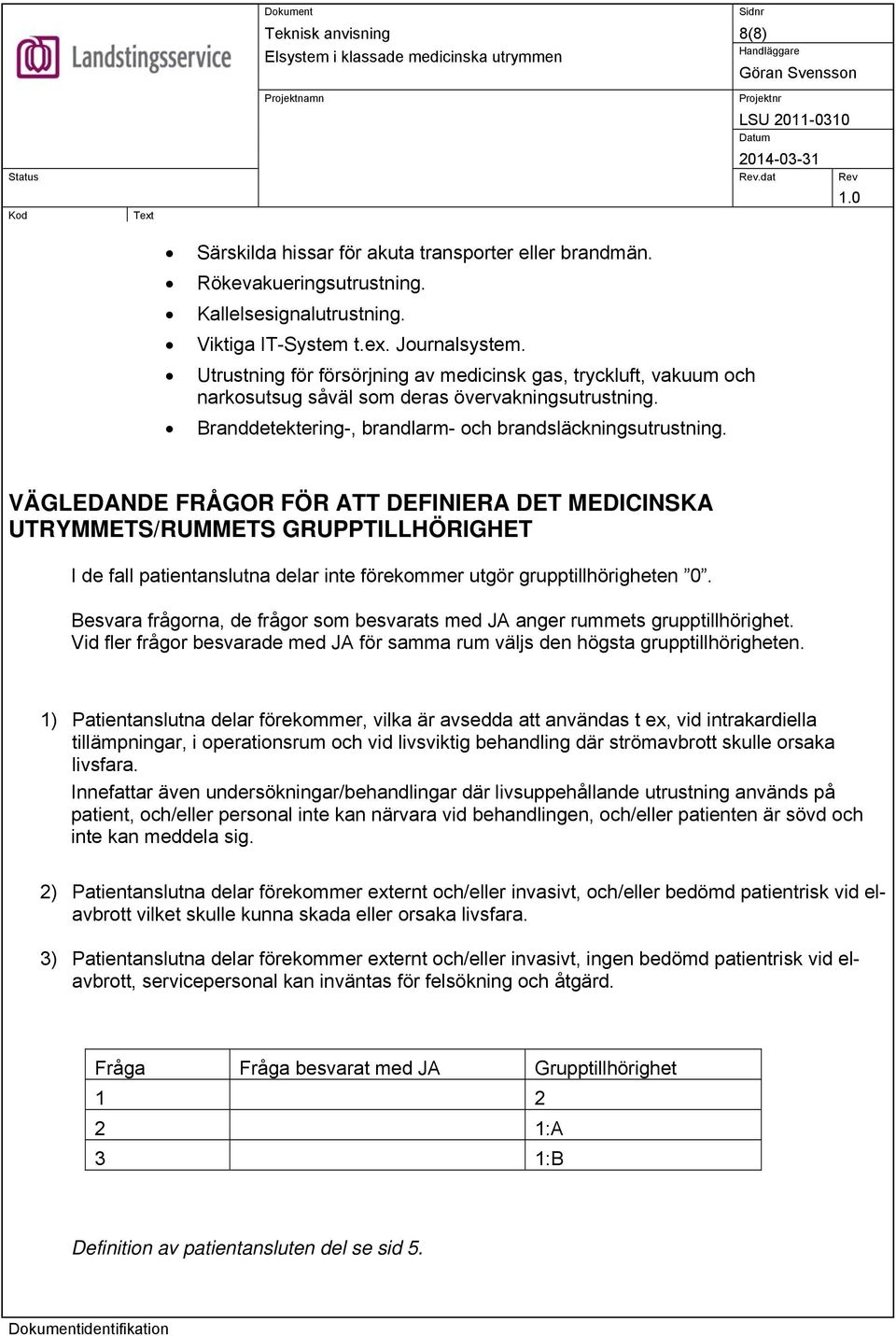 VÄGLEDANDE FRÅGOR FÖR ATT DEFINIERA DET MEDICINSKA UTRYMMETS/RUMMETS GRUPPTILLHÖRIGHET I de fall patientanslutna delar inte förekommer utgör grupptillhörigheten 0.