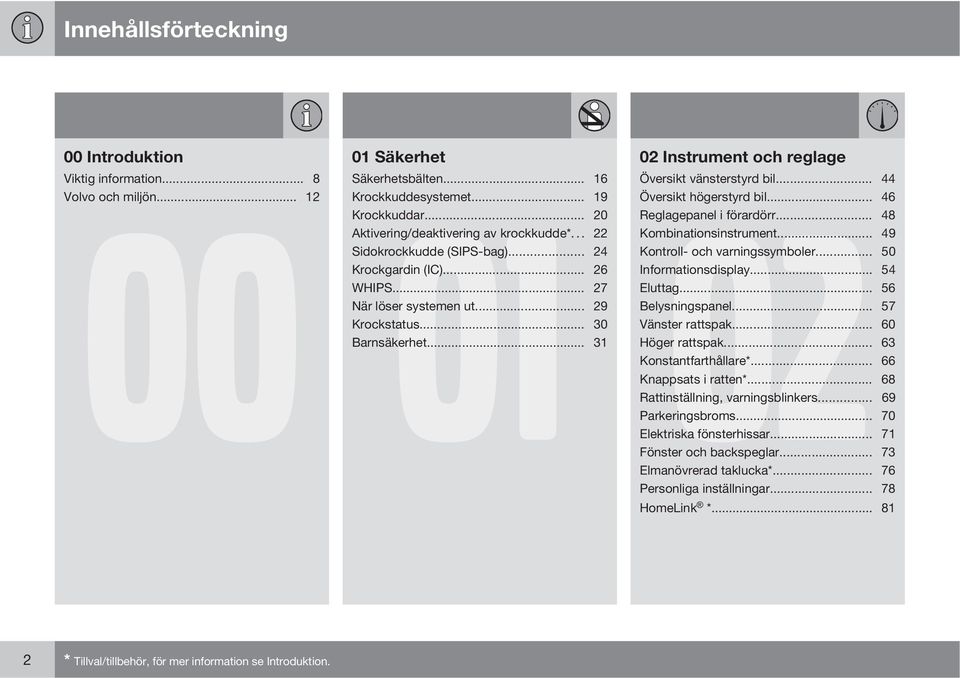 .. 24 Kontroll- och varningssymboler... 50 Krockgardin (IC)... 26 Informationsdisplay... 54 WHIPS... 27 Eluttag... 56 När löser systemen ut... 29 Belysningspanel... 57 Krockstatus.