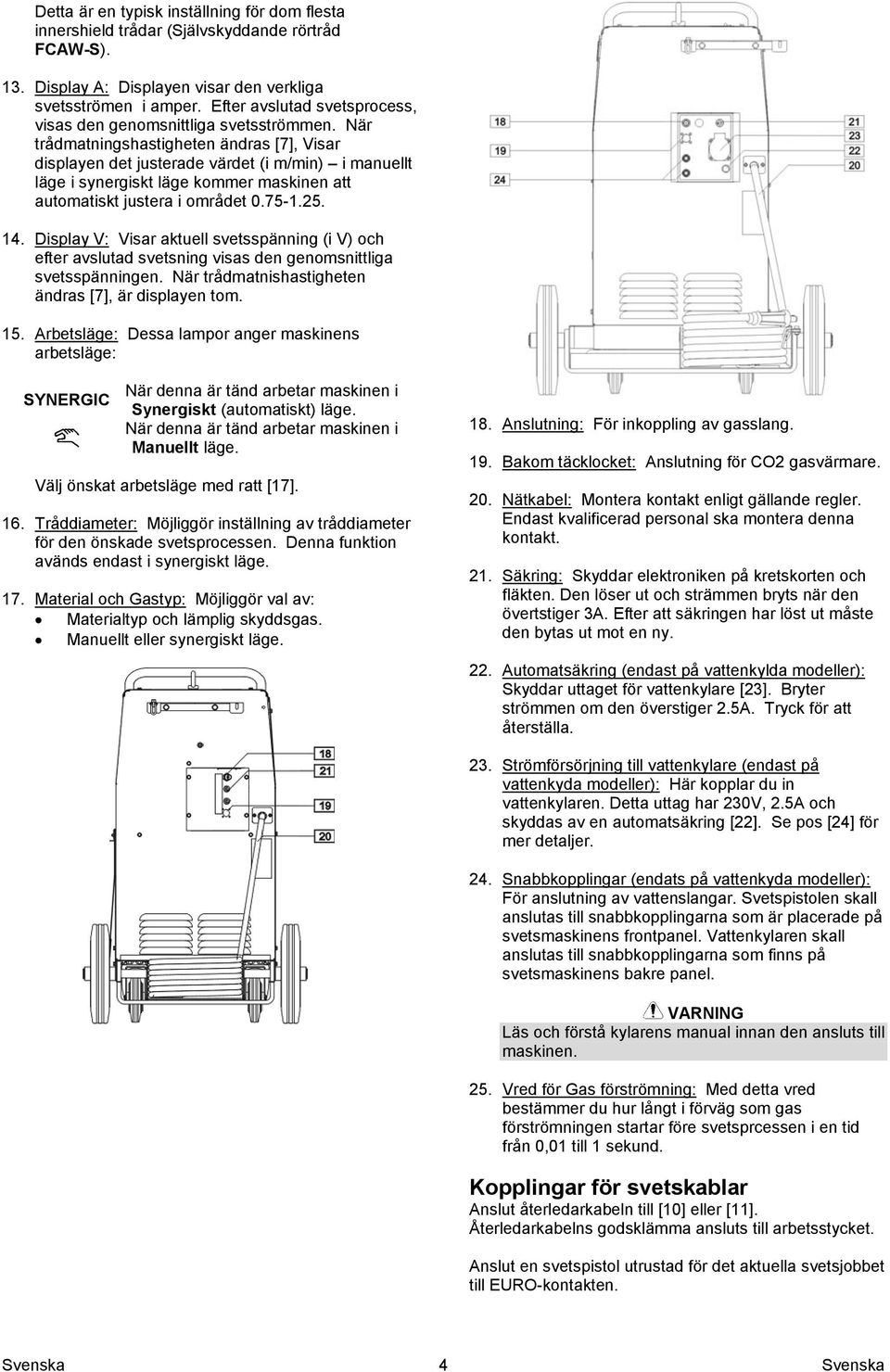 När trådmatningshastigheten ändras [7], Visar displayen det justerade värdet (i m/min) i manuellt läge i synergiskt läge kommer maskinen att automatiskt justera i området 0.75-1.25. 14.