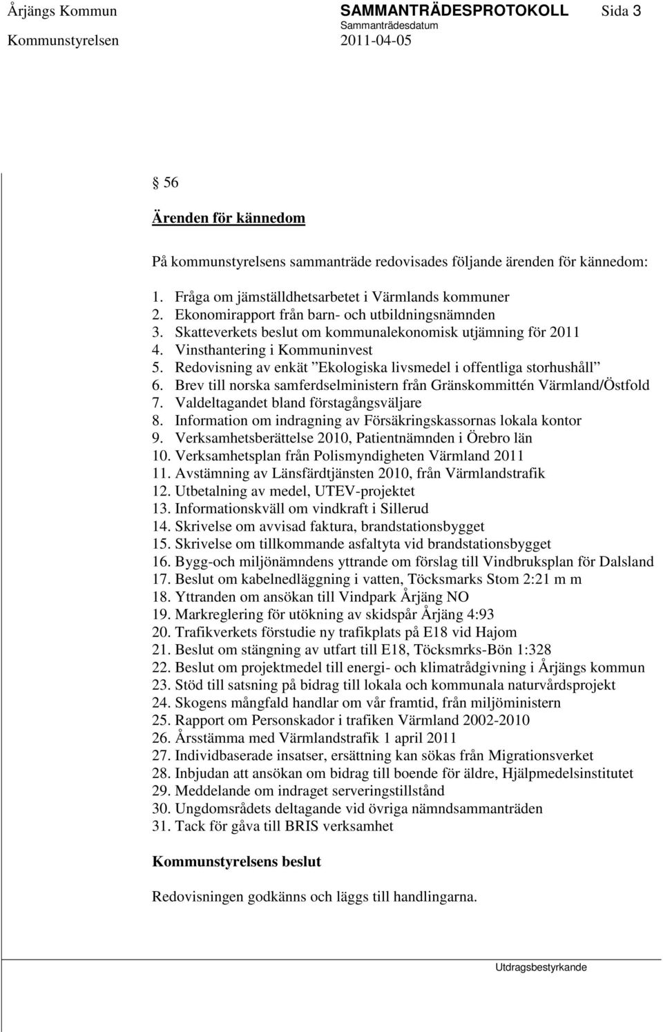 Redovisning av enkät Ekologiska livsmedel i offentliga storhushåll 6. Brev till norska samferdselministern från Gränskommittén Värmland/Östfold 7. Valdeltagandet bland förstagångsväljare 8.