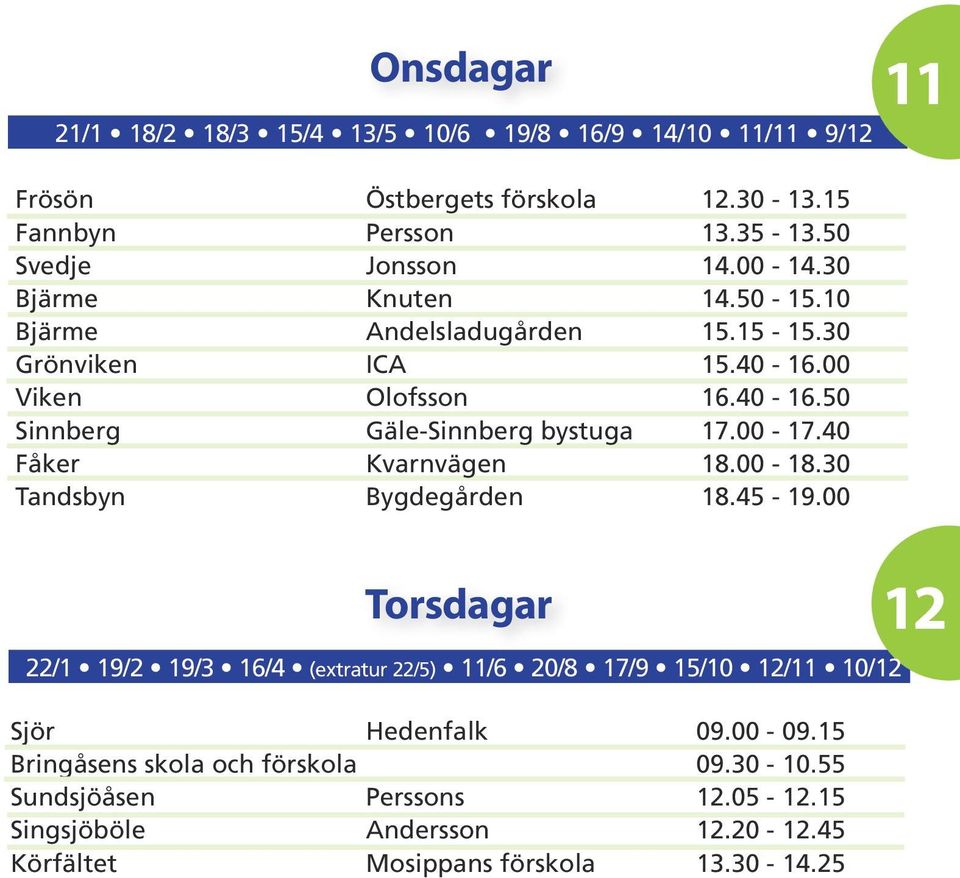 40 Fåker Kvarnvägen 18.00-18.30 Tandsbyn Bygdegården 18.45-19.