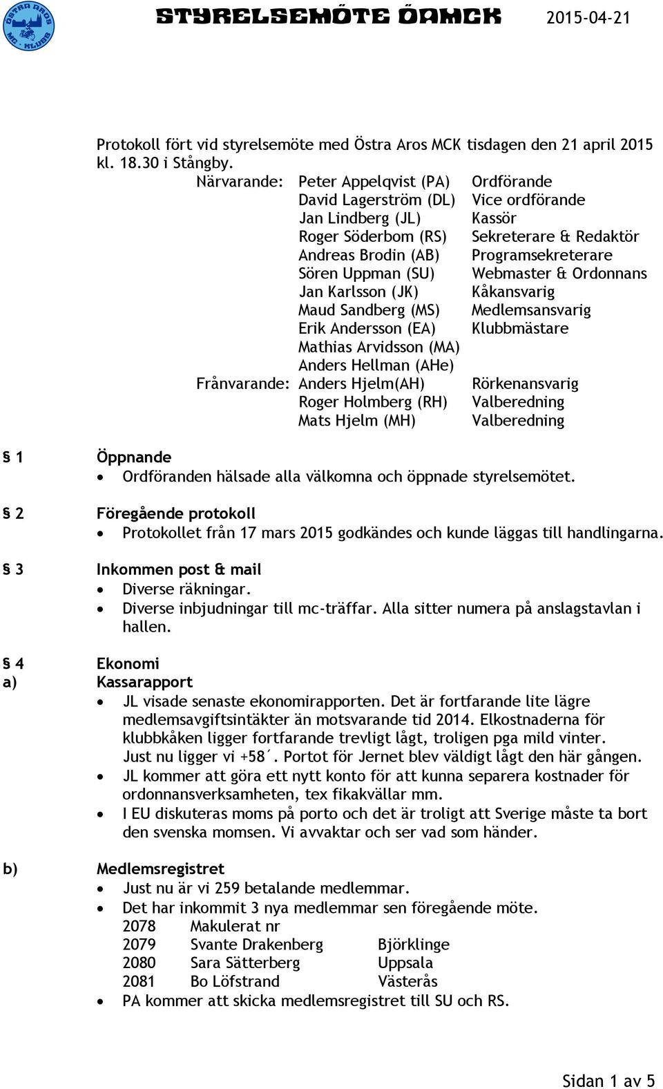 Uppman (SU) Webmaster & Ordonnans Jan Karlsson (JK) Kåkansvarig Maud Sandberg (MS) Medlemsansvarig Erik Andersson (EA) Klubbmästare Mathias Arvidsson (MA) Anders Hellman (AHe) Frånvarande: Anders