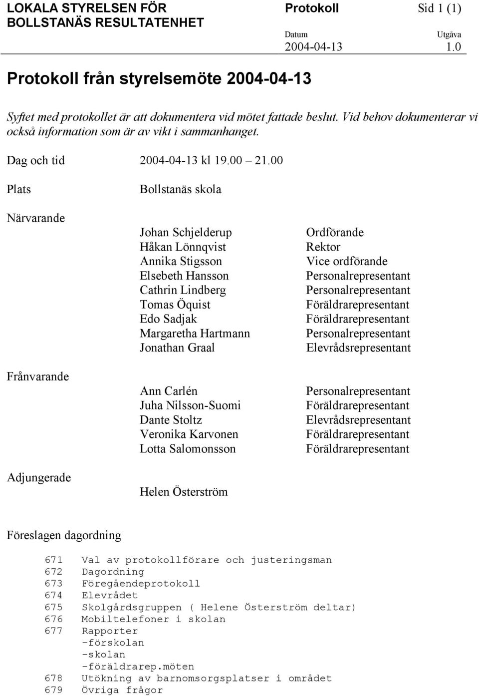 00 Plats Närvarande Frånvarande Adjungerade Bollstanäs skola Johan Schjelderup Håkan Lönnqvist Annika Stigsson Elsebeth Hansson Cathrin Lindberg Tomas Öquist Edo Sadjak Margaretha Hartmann Jonathan