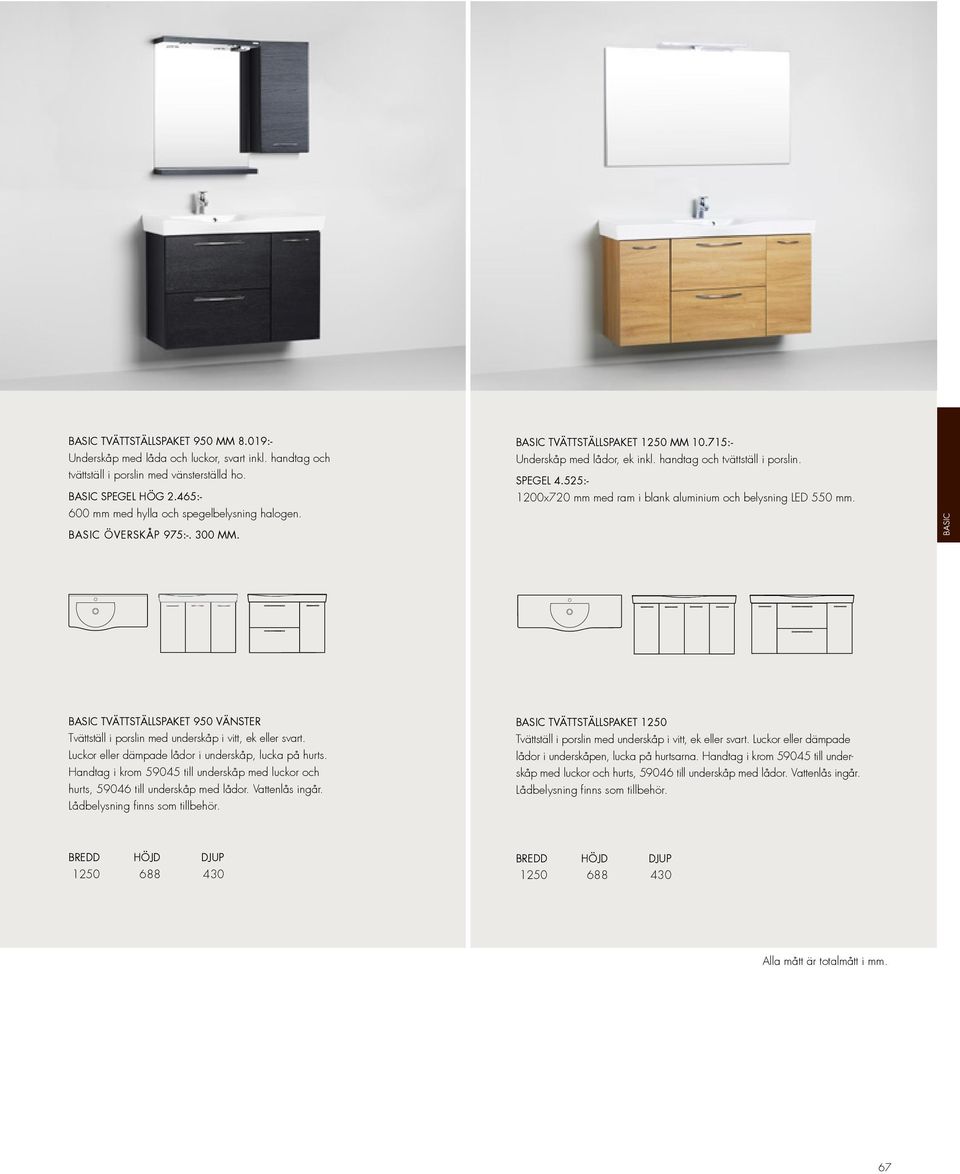 55:- 100x70 mm med ram i blank aluminium och belysning LED 550 mm. BASIC BASIC TVÄTTSTÄLLSPAKET 950 VÄNSTER Tvättställ i porslin med underskåp i vitt, ek eller svart.