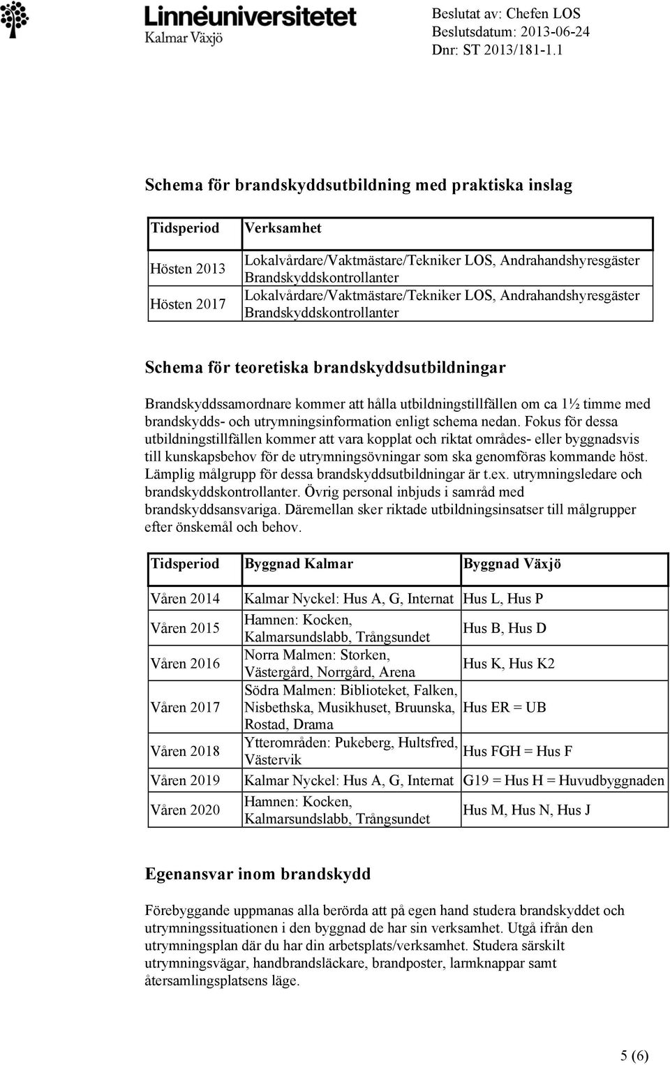 timme med brandskydds- ch utrymningsinfrmatin enligt schema nedan.