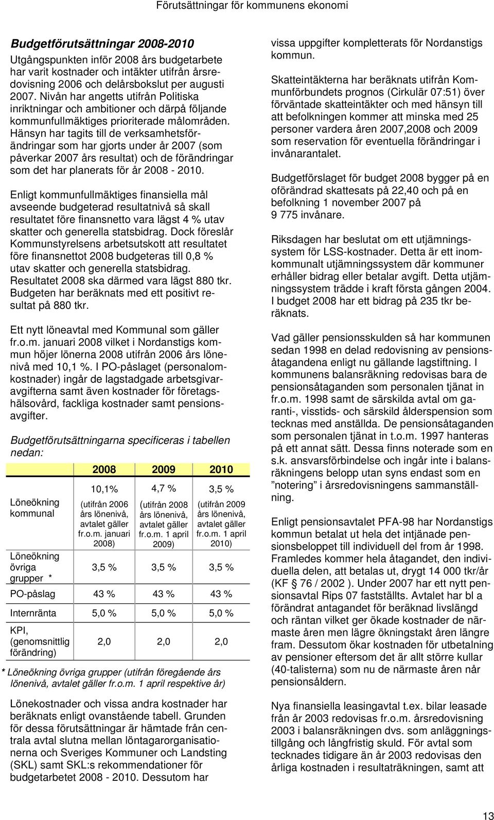 Hänsyn har tagits till de verksamhetsförändringar som har gjorts under år 2007 (som påverkar 2007 års resultat) och de förändringar som det har planerats för år 2008-2010.