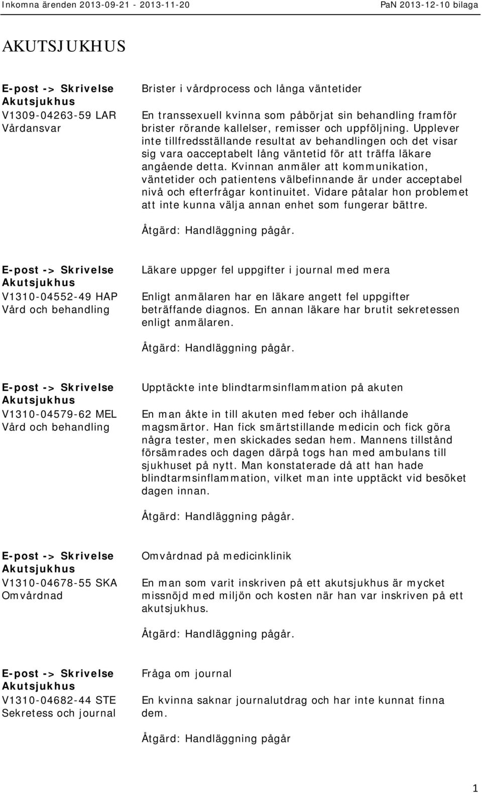 Kvinnan anmäler att kommunikation, väntetider och patientens välbefinnande är under acceptabel nivå och efterfrågar kontinuitet.